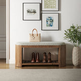 45 Inch Geometric Upholstered Bench with Solid Acacia Wood and Storage Shelf - Benches available at Alpine Outlets in Denver