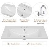 30" Single Bathroom Vanity Top With Undermount Basin, Rectangular Shape, 3 Faucet Holes - White