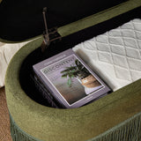 Oval Upholstered Storage Ottoman With Fringe Trim & Lift Top Lid