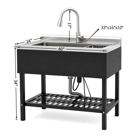 Freestanding Utility Sink With Pull Out Faucet And Large Storage Grille - Black / Silver
