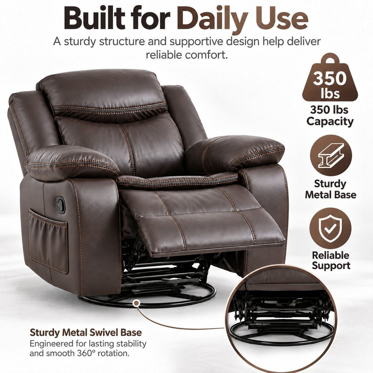 Rocker Recliner Chair With Manual Recline And 360° Swivel Base