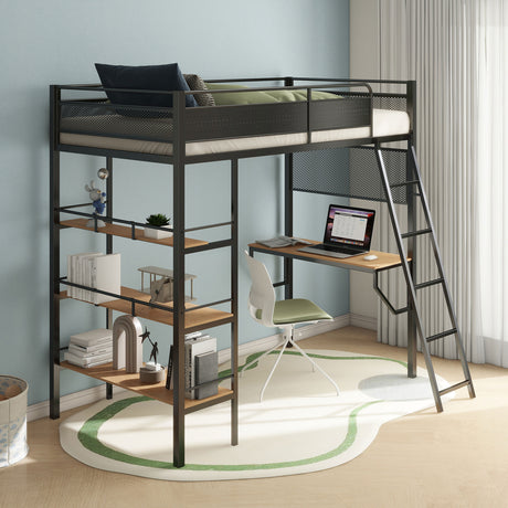 Campus 3-Shelf Metal Twin Loft Bed with Workstation, Matte Black