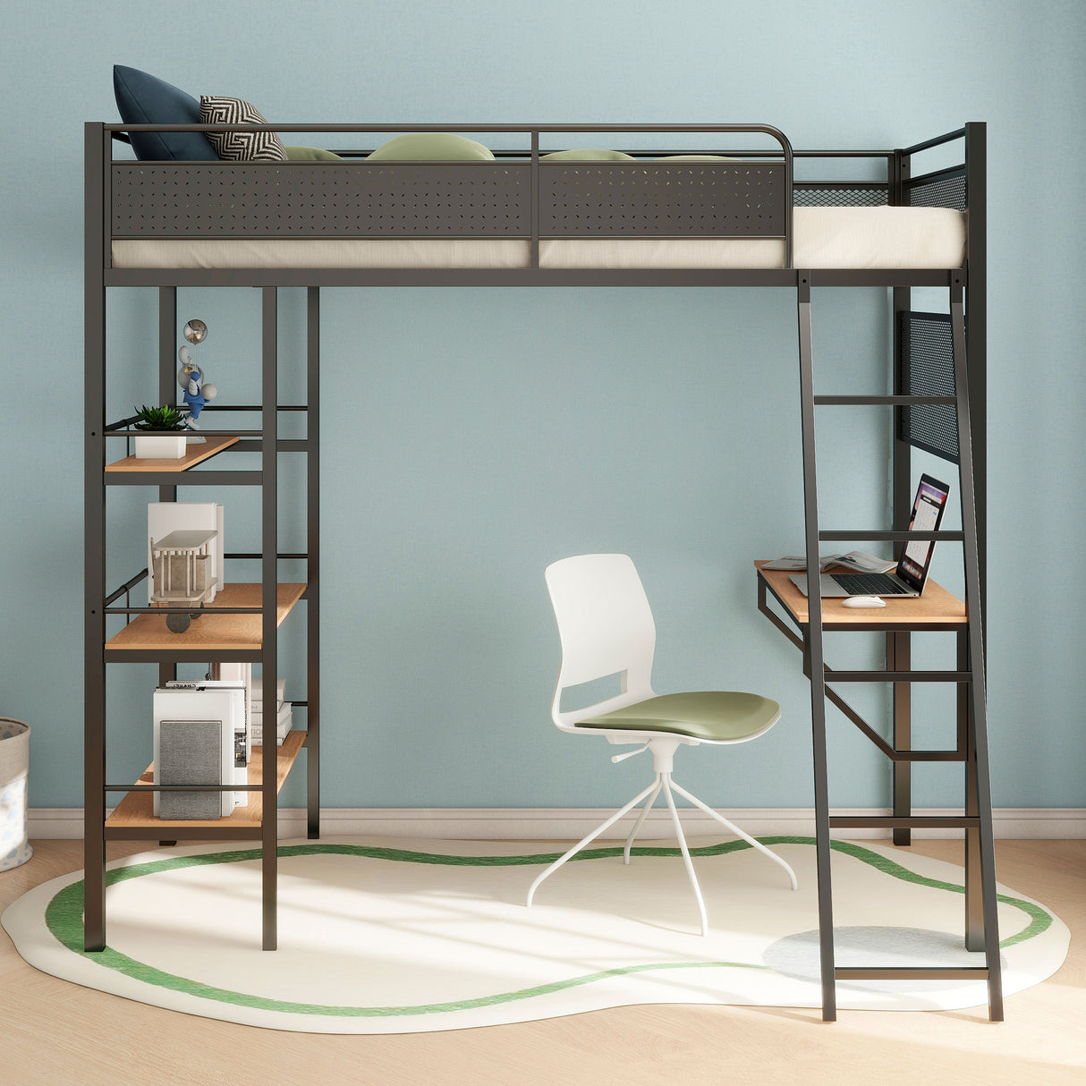 Campus 3-Shelf Metal Twin Loft Bed with Workstation, Matte Black