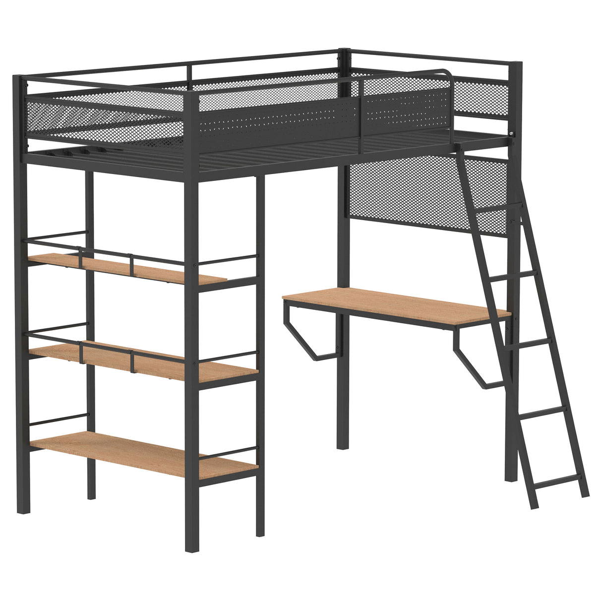 Campus 3-Shelf Metal Twin Loft Bed with Workstation, Matte Black