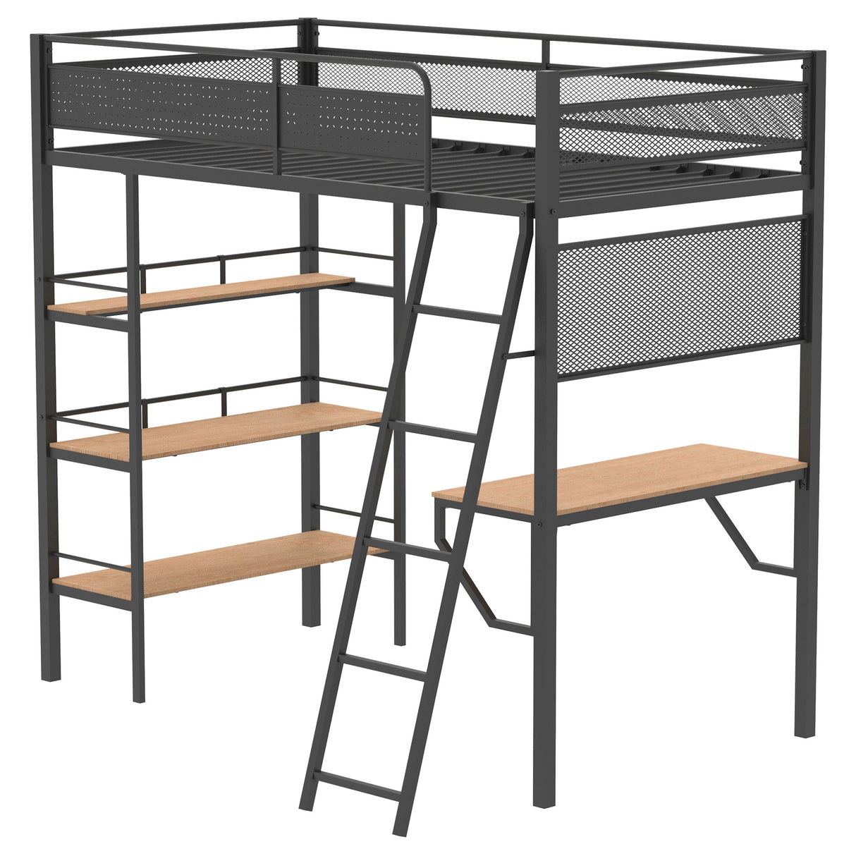 Campus 3-Shelf Metal Twin Loft Bed with Workstation, Matte Black