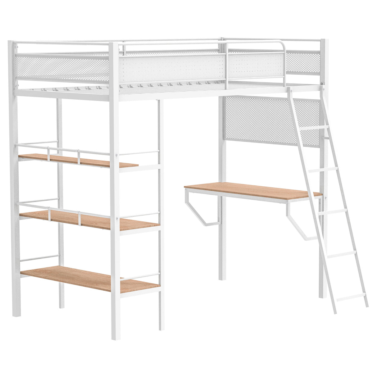 Campus Twin Loft Bed with Desk and 3 Shelves - Matte White