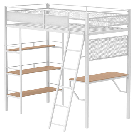 Campus Twin Loft Bed with Desk and 3 Shelves - Matte White