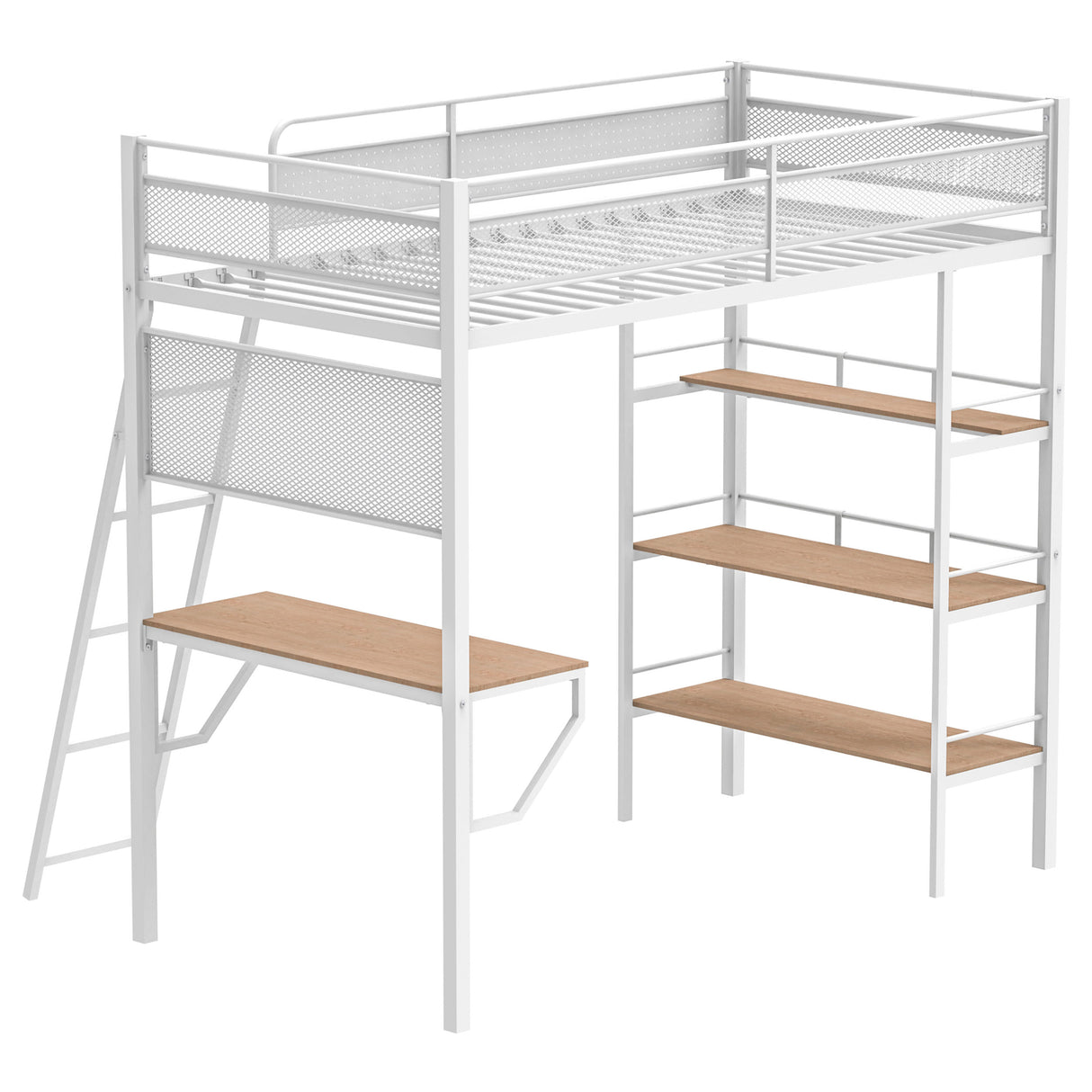 Campus Twin Loft Bed with Desk and 3 Shelves - Matte White