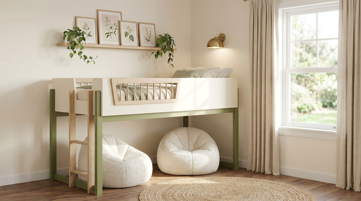 Twin Loft Bed in Off White, Natural and Olive