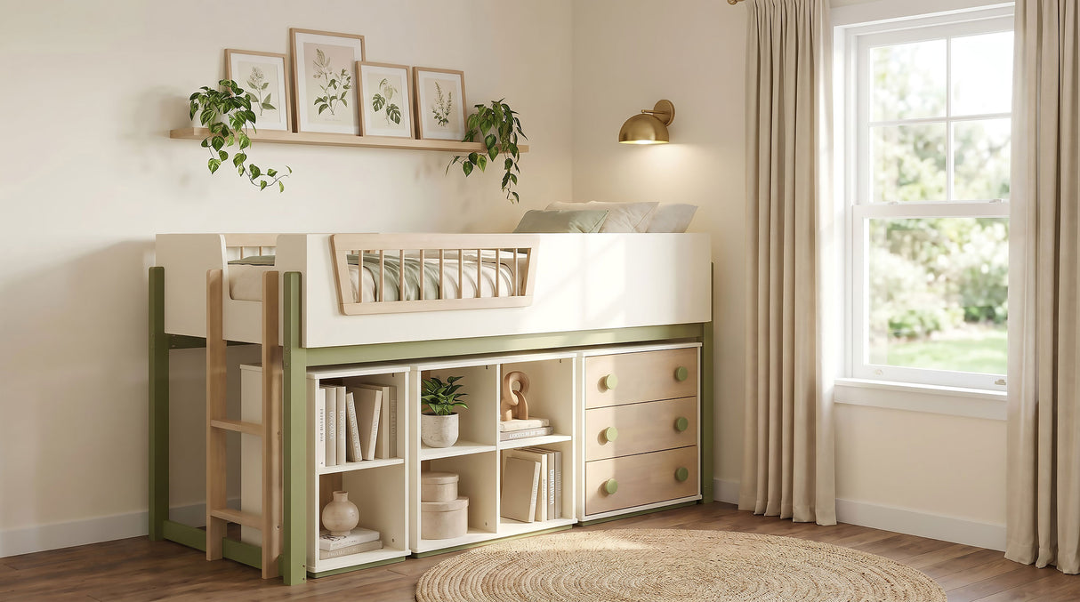 Twin Loft Bed in Off White, Natural and Olive