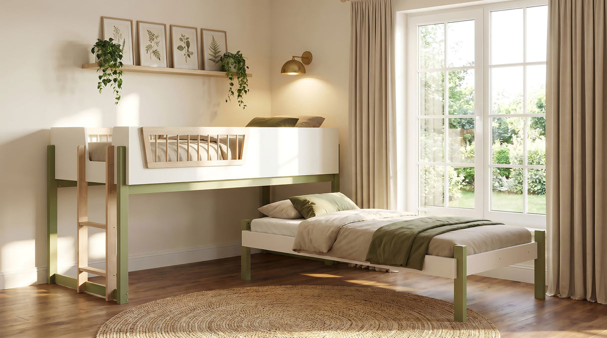 Twin Loft Bed in Off White, Natural and Olive