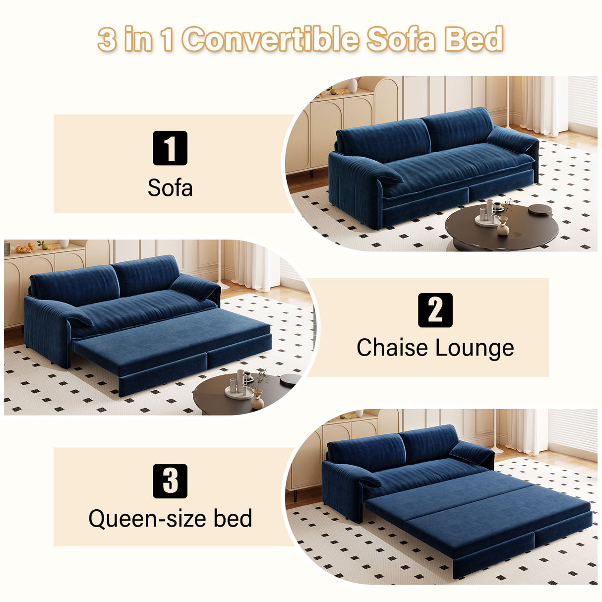 Queen Pull Out Sofa Bed, 3 In 1 Convertible Sleeper Sofa With Side Storage