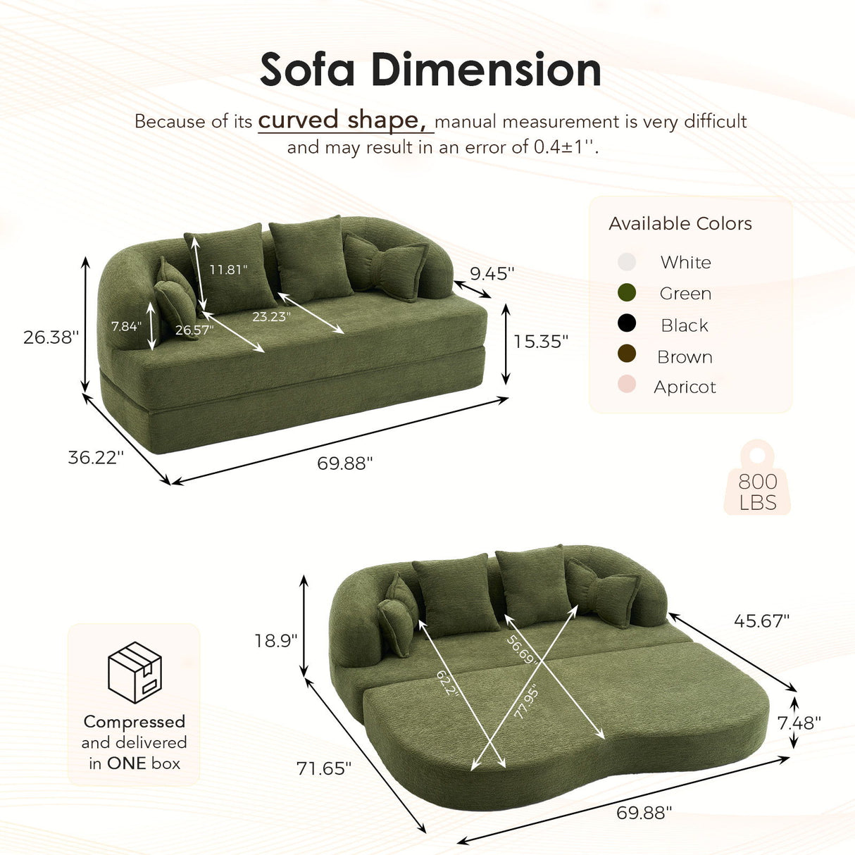 Foldable Sofa Bed, Boneless Couch Convertible Sleeper With 4 Pillows
