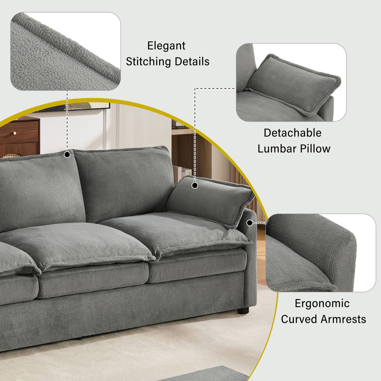 Modern Sofa Set With Double Layer Cushion And Side Storage Pockets