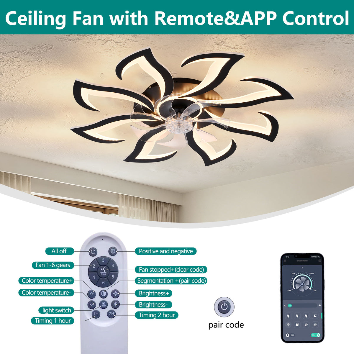Flower Ceiling Fan With Remote Controlled LED Light, Flush Mount DC Motor Fan
