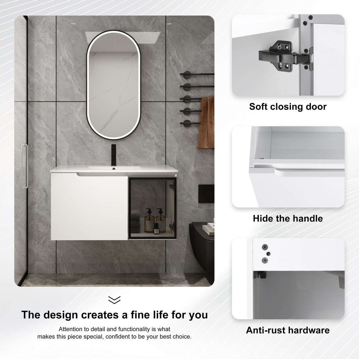 Wall Mounted Bathroom Vanity With Sink, 2 Soft Close Doors, Cabinet & Half Door