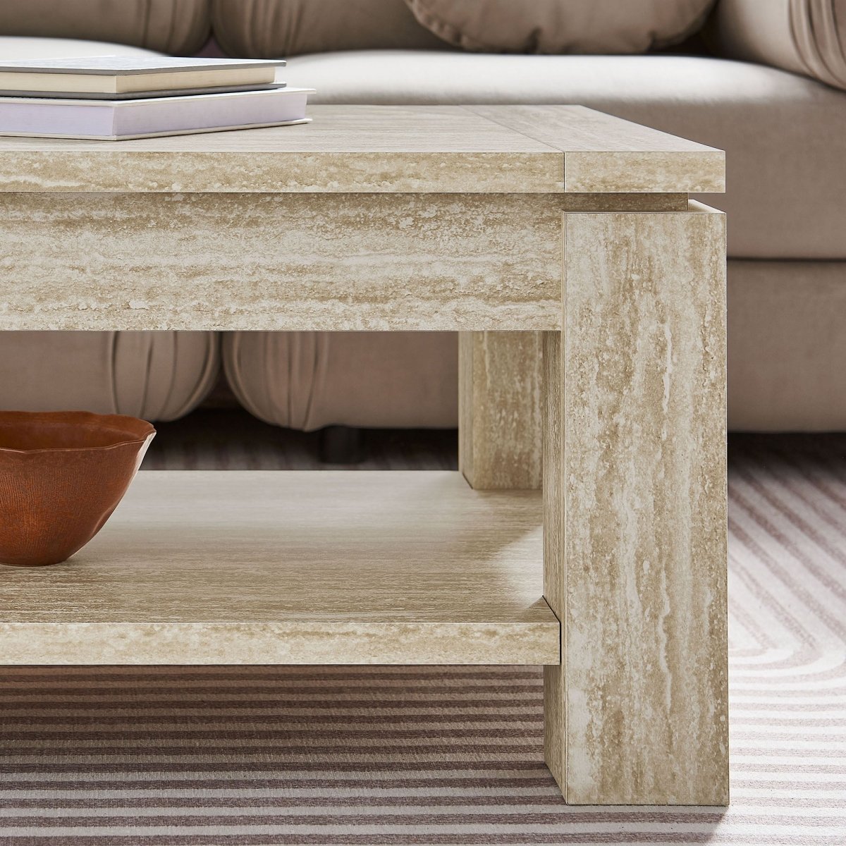 47 Inch Rectangular Faux Travertine Coffee Table with Open Storage - Coffee Tables available at Alpine Outlets in Denver