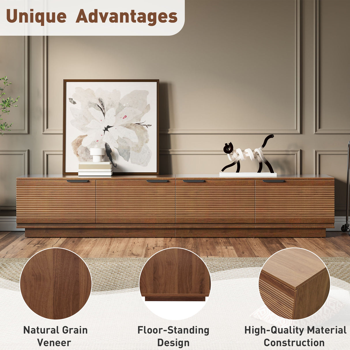 TV Stand, Entertainment Center With Fluted Door & Cable Management, Soft Closing Hinges - Walnut
