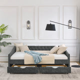 Queen Size Upholstered Daybed With Tufted Back And Nail Trimmed Waved Arms - Gray