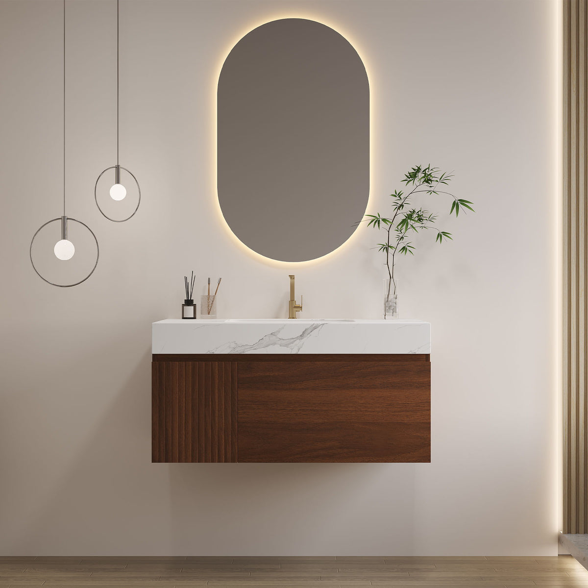 Floating Bathroom Vanity & Basin 1 Soft Close Drawer + 1 Cabinet, Wall Mounted - Walnut / White