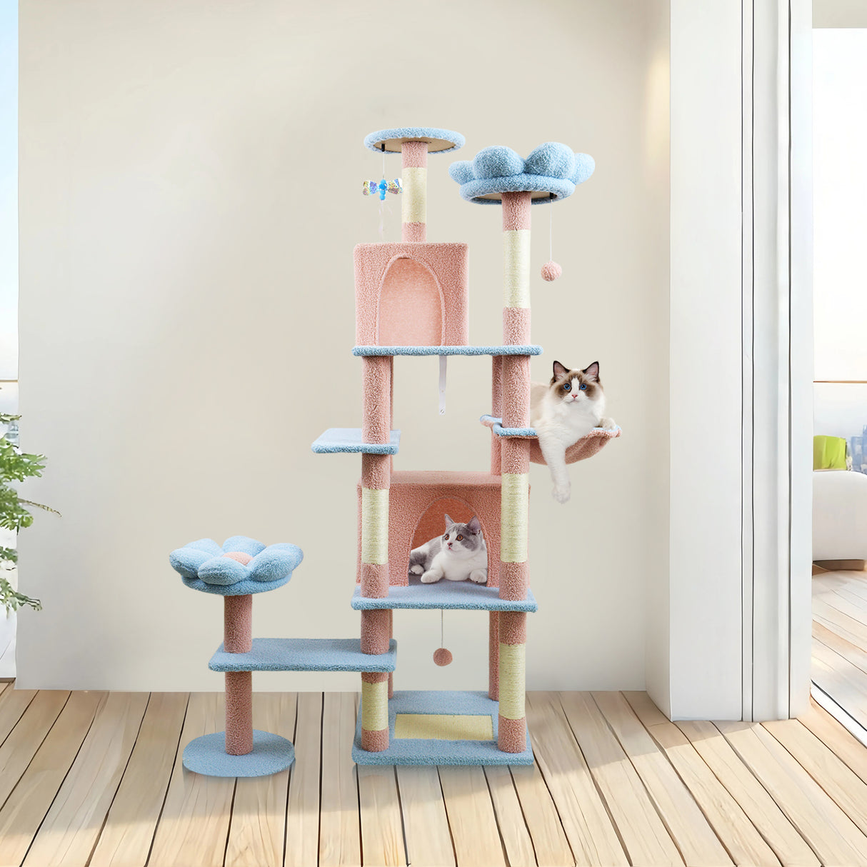 Flora 71-Inch Flower Cat Tree with Large Condo and Hammock in Multiple Colors