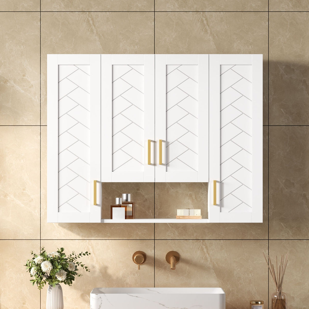 Wall Mounted Medicine Cabinet With 5 Adjustable Shelves, Exquisite Carving - White