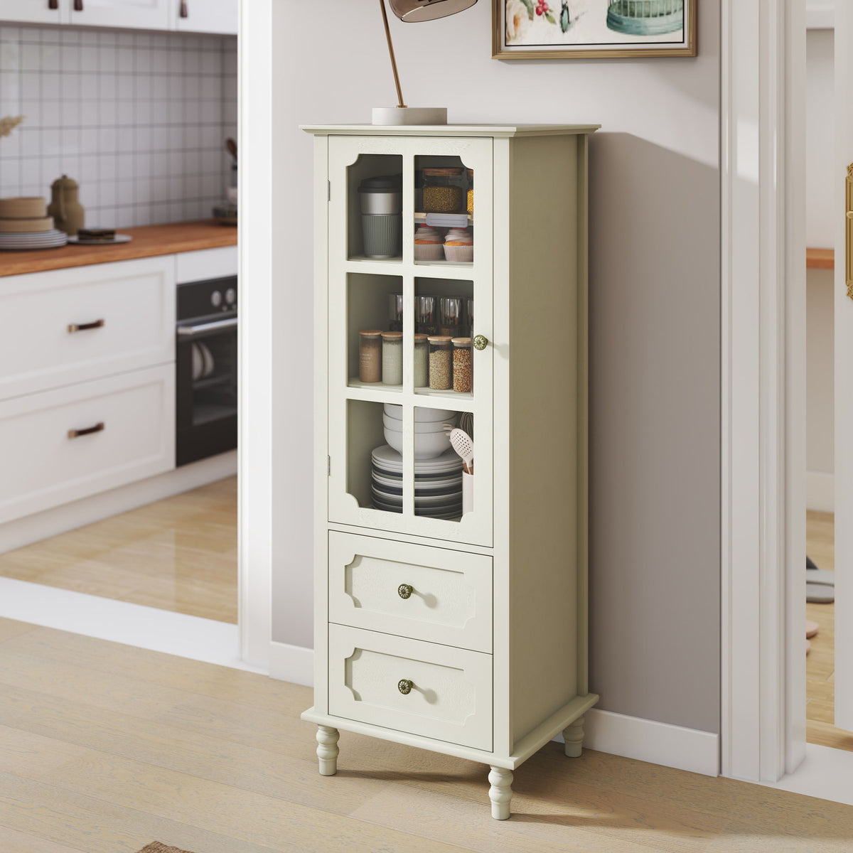 Minimalism Buffet Cabinet With Glass Doors And Double Drawer