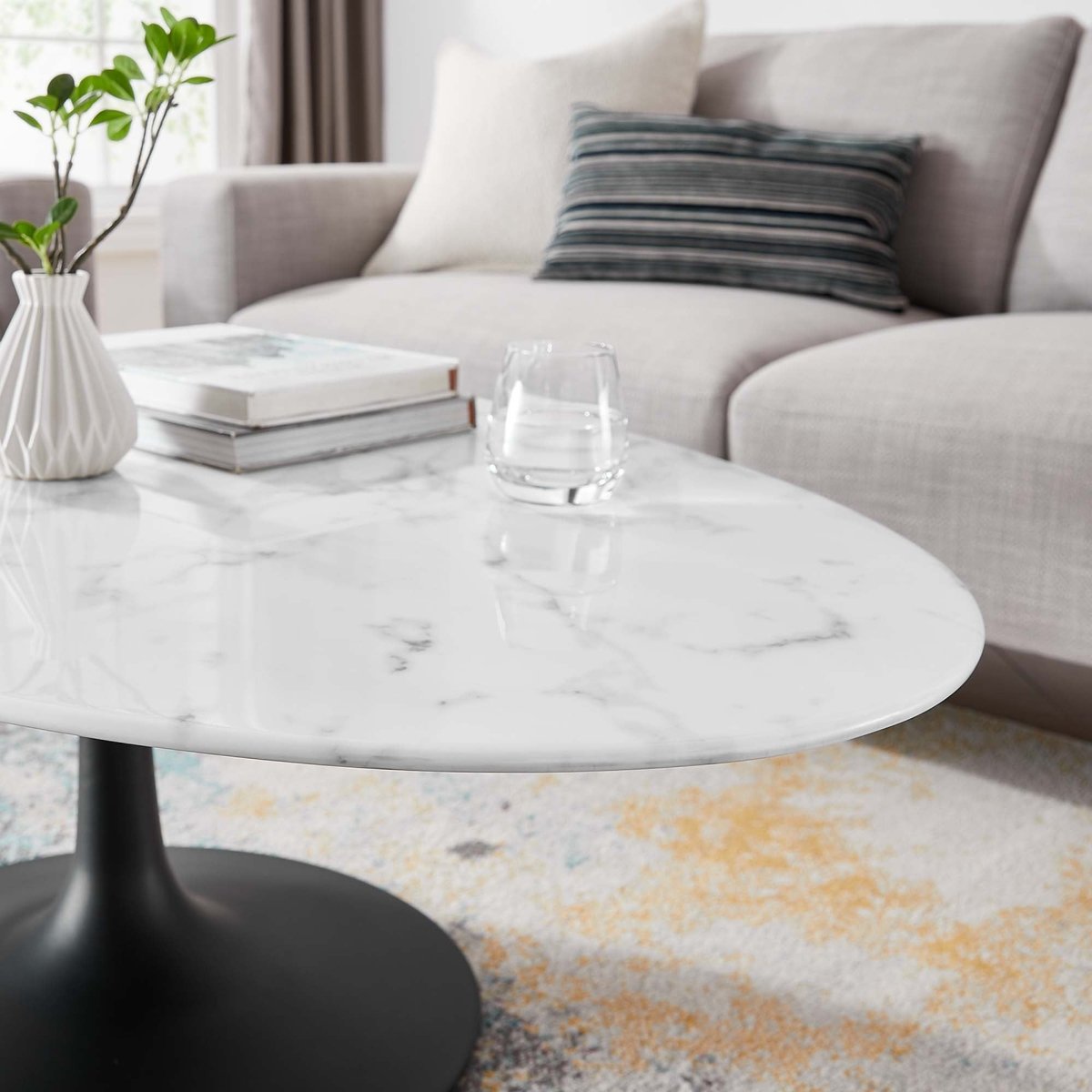 48 Inch Oval Artificial Marble Pedestal Coffee Table - Coffee Tables available at Alpine Outlets in Denver