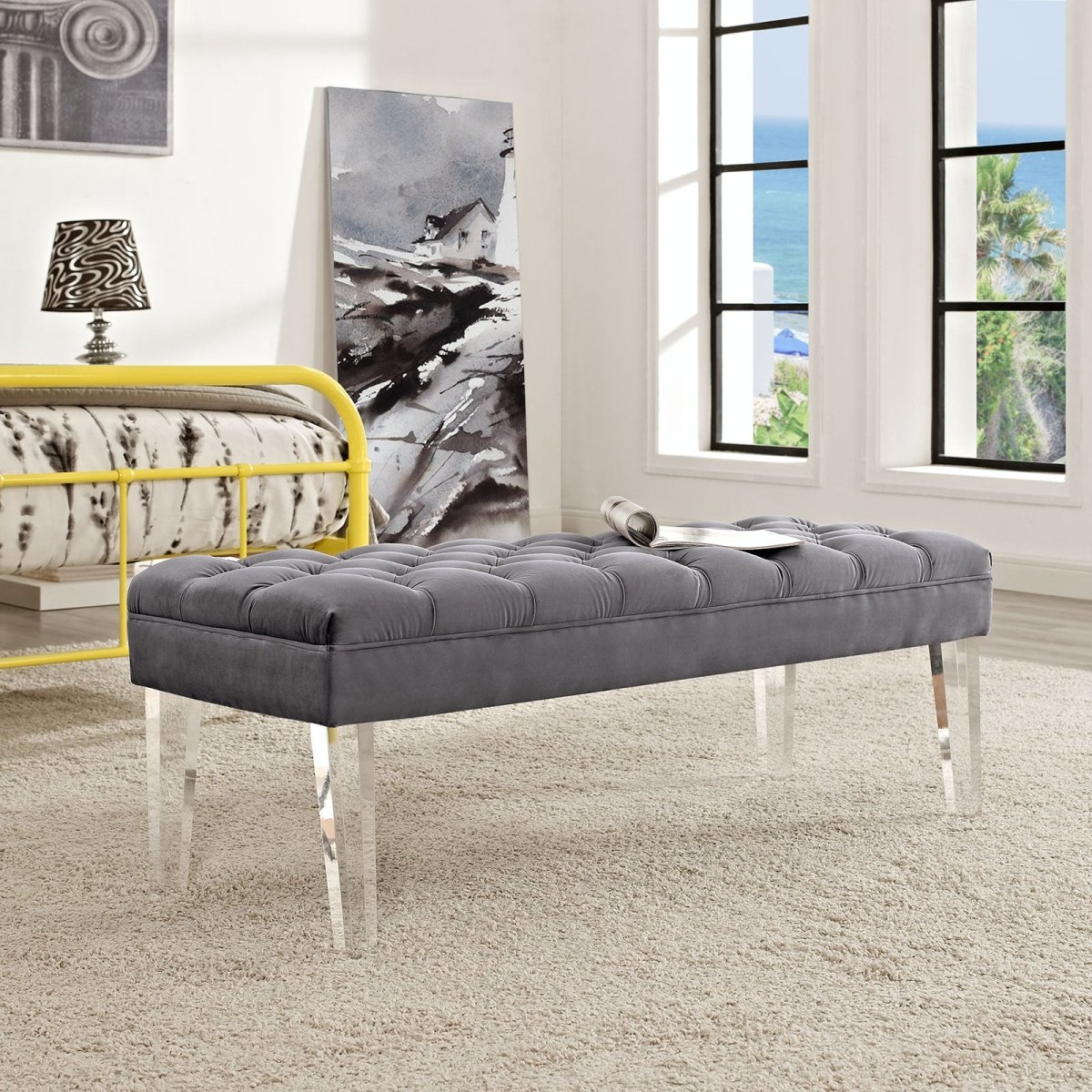 48 Inch Performance Velvet Accent Bench with Clear Acrylic Legs - Benches available at Alpine Outlets in Denver