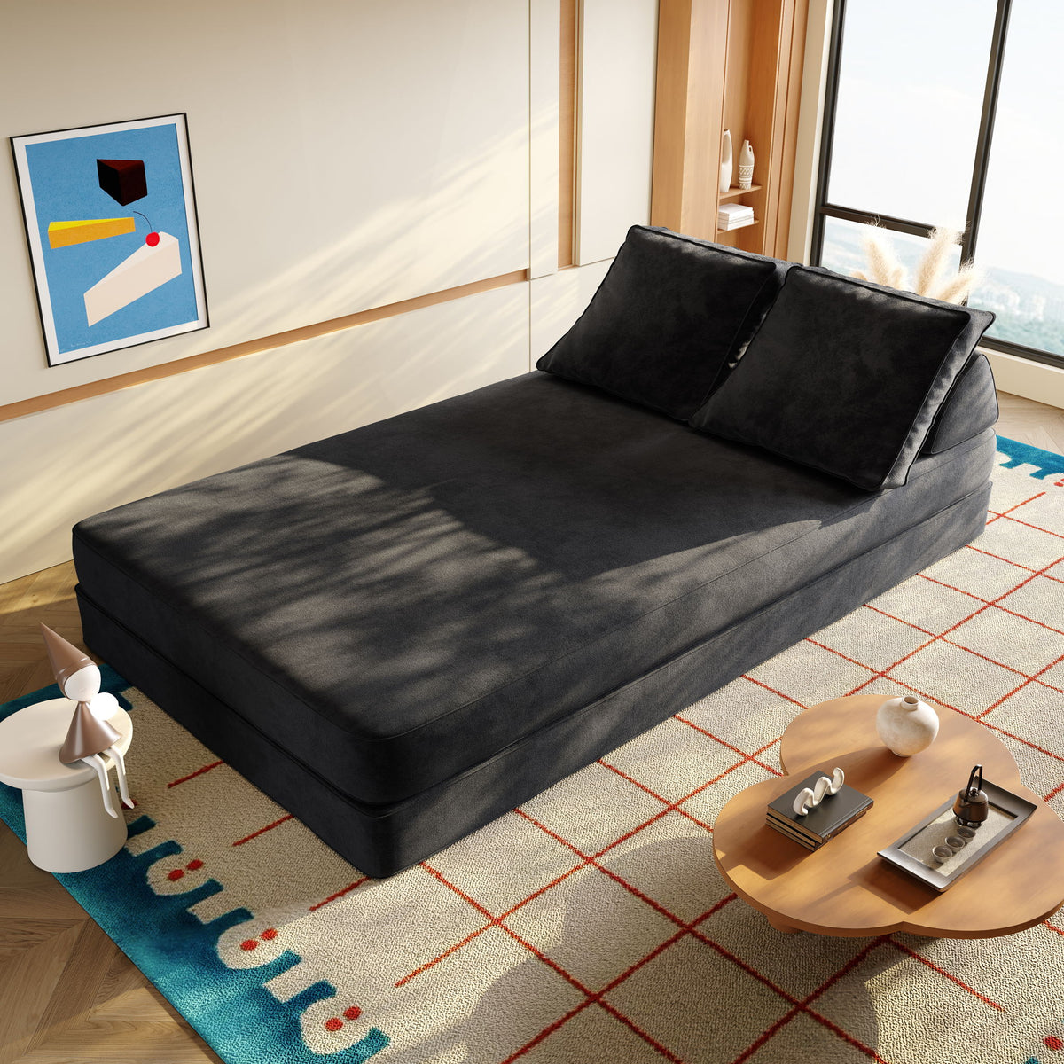 Multifunctional Convertible Sofa Bed With 2 Tumbler Backrests And 2 Pillows, Deep Seat Couch