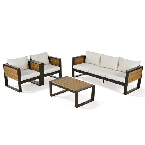 Large 4-Piece Aluminum Frame Outdoor Patio Furniture Set Beige Cushions
