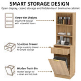 Tall Narrow Fluted Storage Cabinet With Trash Bin Compartment For Kitchen (Trash Can Not Included)