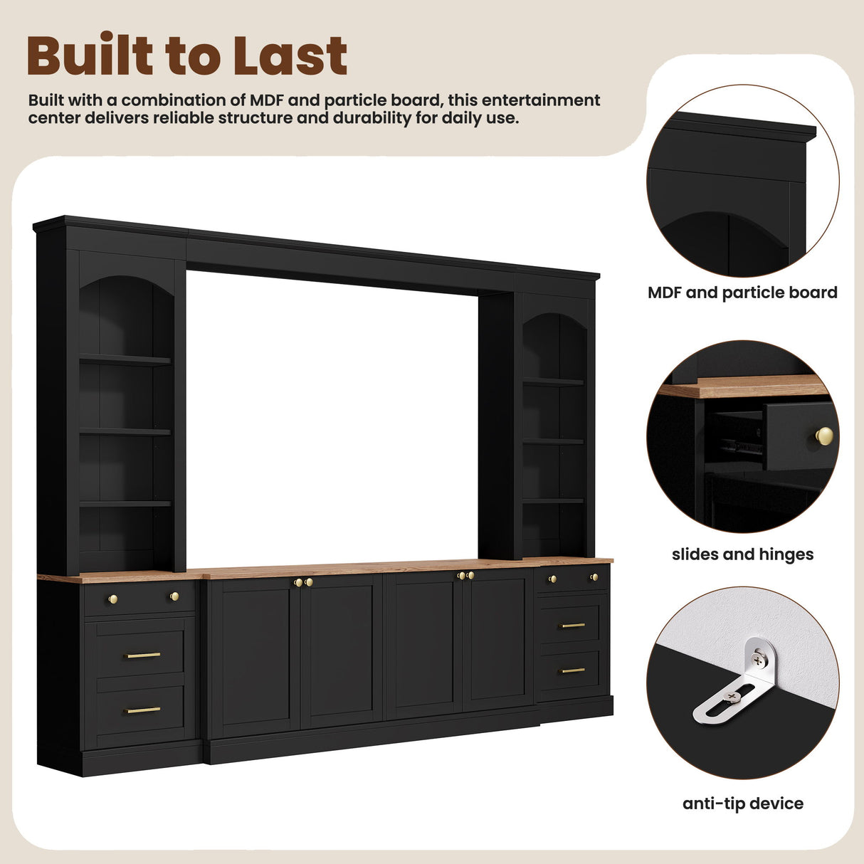 Arched Entertainment Center Wall Unit With Bookshelf, Retro Large TV Stand