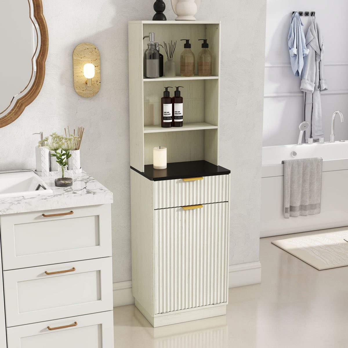 Tall Narrow Fluted Storage Cabinet With Trash Bin Compartment For Kitchen (Trash Can Not Included)