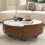 Round Coffee Table With Ball Feet, Dual Storage Drawers For Living Room - Walnut Brown