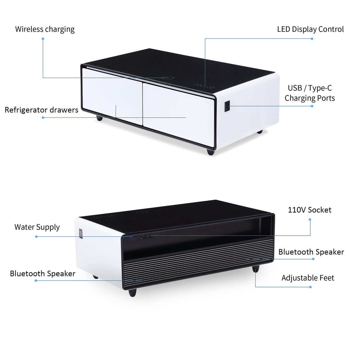 Modern Smart Coffee Table With Built-In Fridge, tooth Speaker, Wireless Charging Module, Touch Control Panel, Power Socket, USB Interface, Outlet Protection, Atmosphere Light