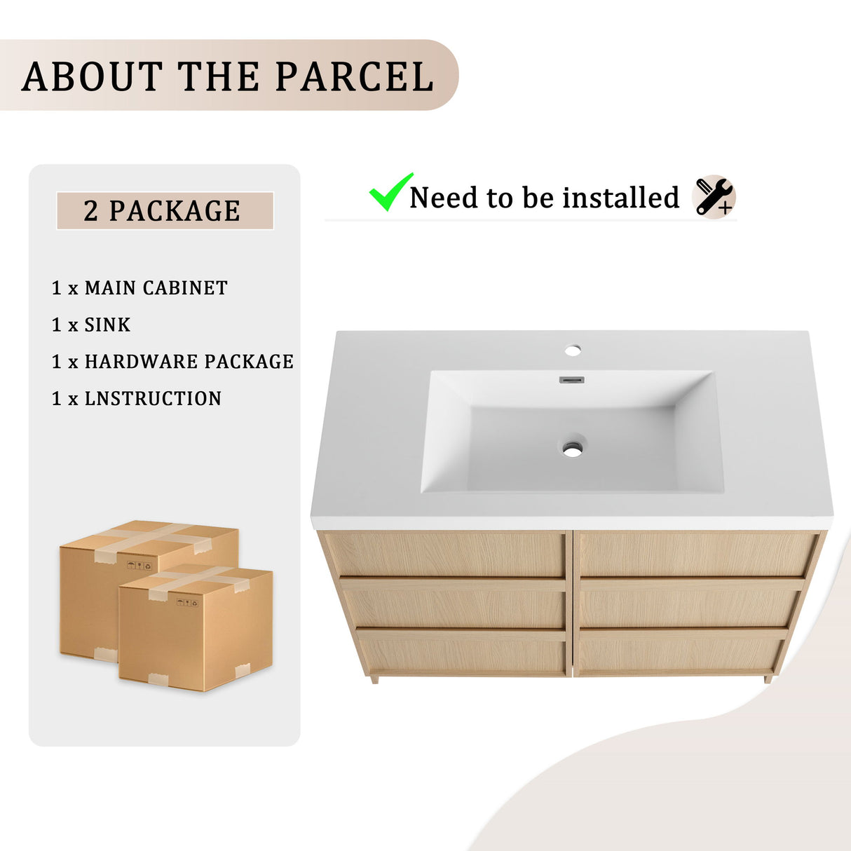 42" Freestanding Bathroom Vanity & Sink & 2 Soft Close Cabinet Doors - Oak / White