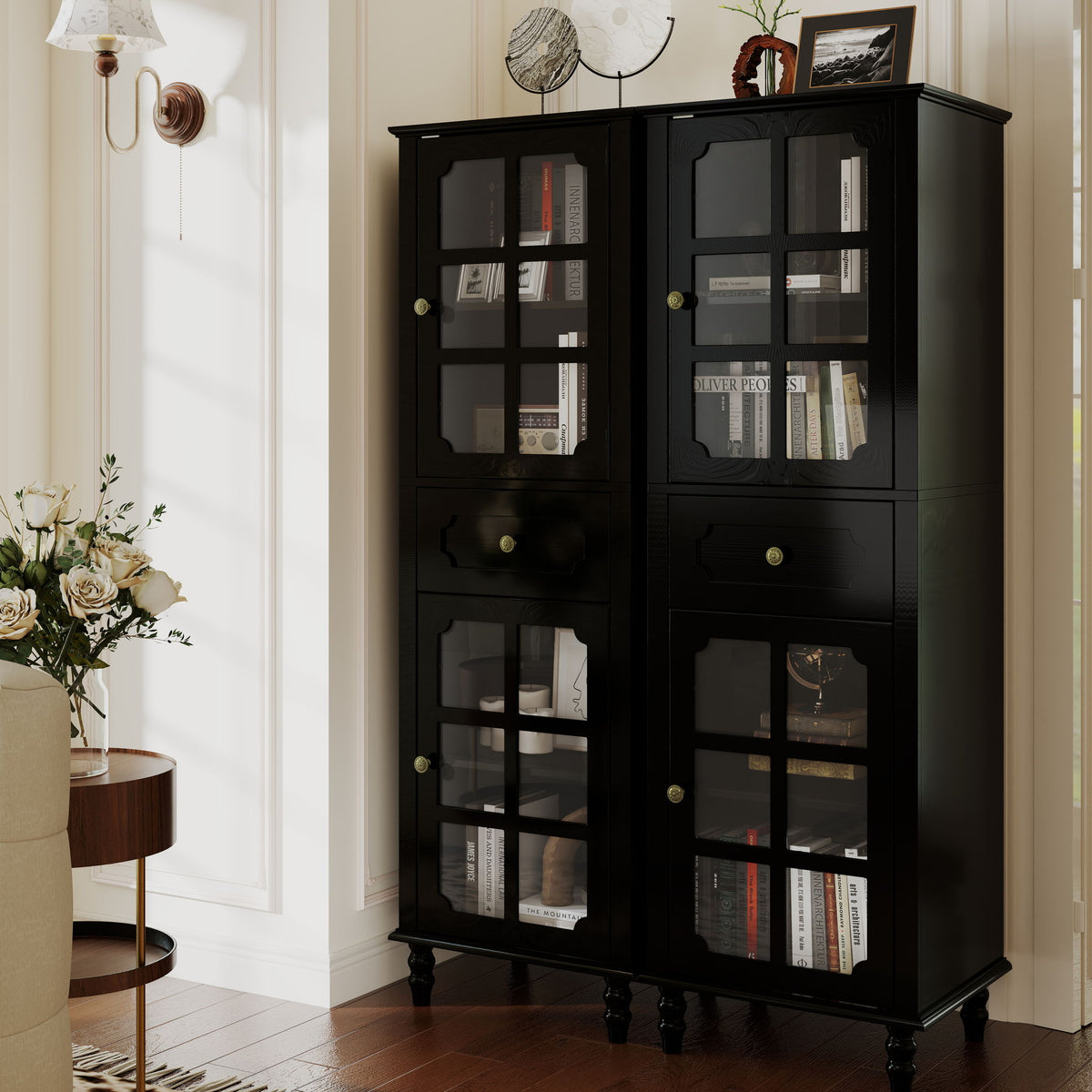 Storage Cabinet, Freestanding Curio Cabinet With Grid Doors & Drawer, Pantry Display Cabinet For Kitchen