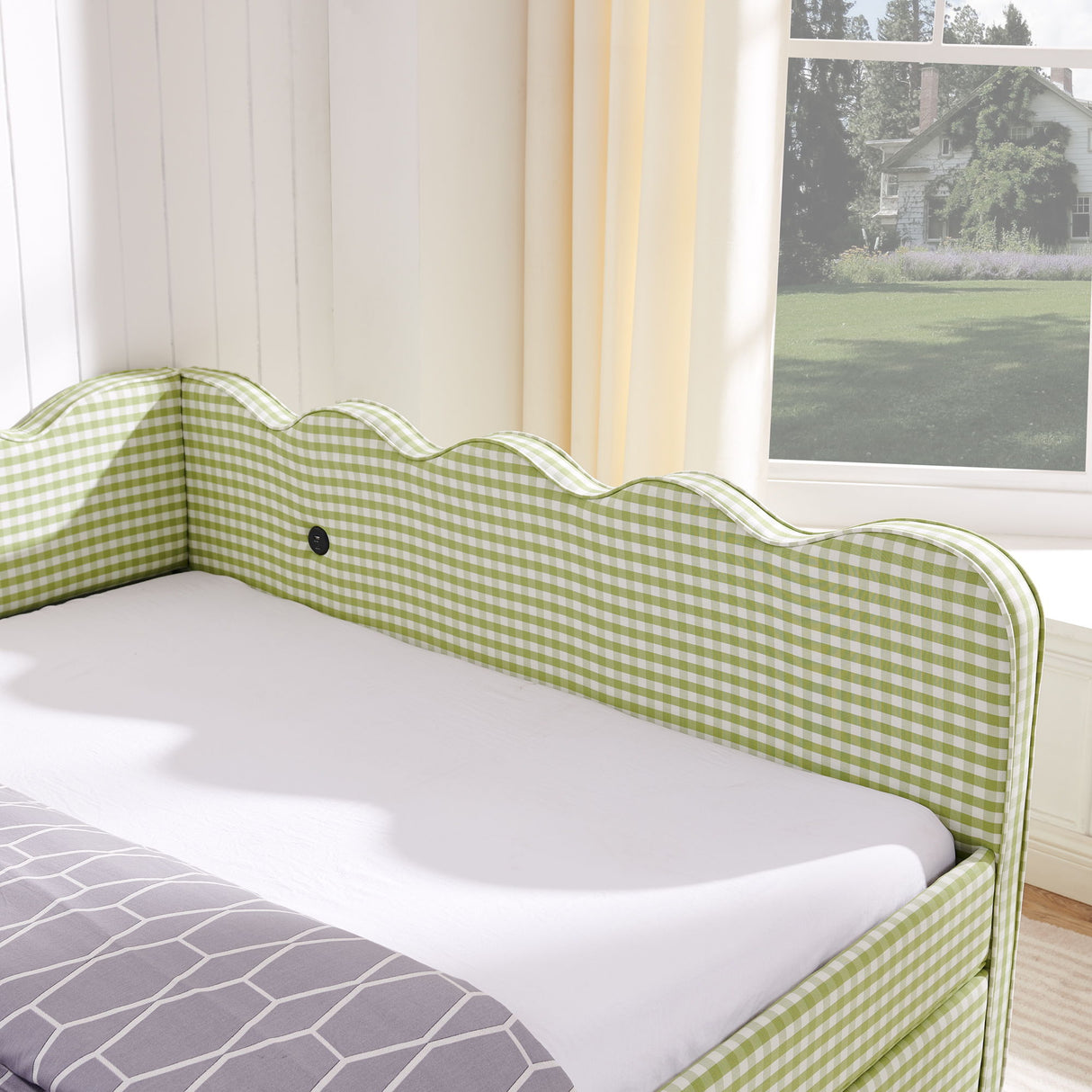 Gingham Daybed With USB Charging Port, Wave-Shaped Design
