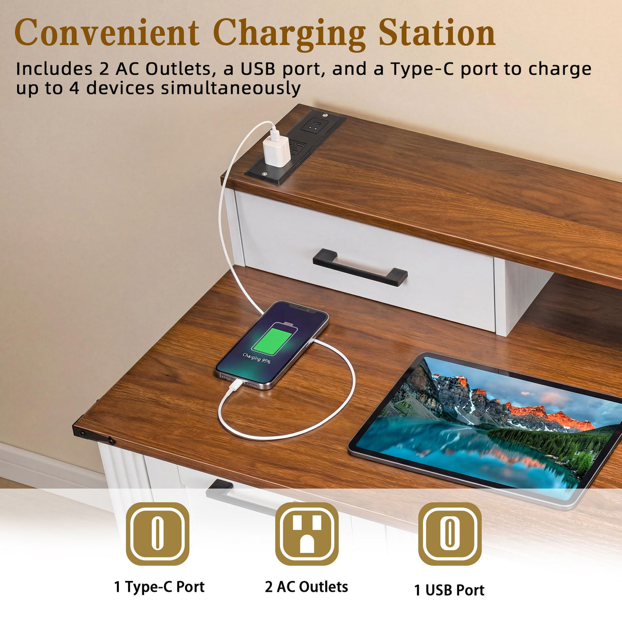 Office Desk With Charging Station & Storage Cabinet