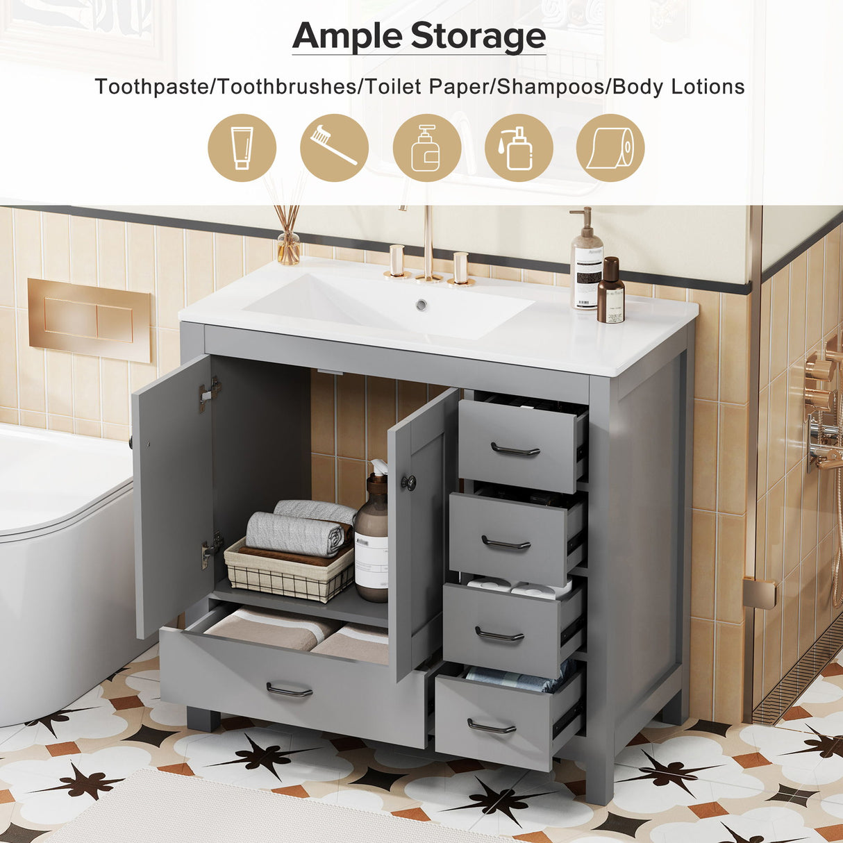 Bathroom Vanity With Sink Combo, 2 Soft Close Doors And 5 Drawers