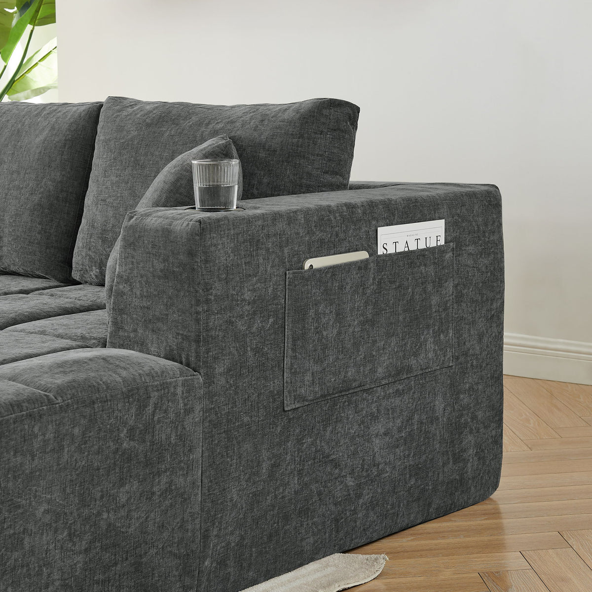 U - Shaped Sectional Sofa, Cup Holders & Side Pockets For Living Room