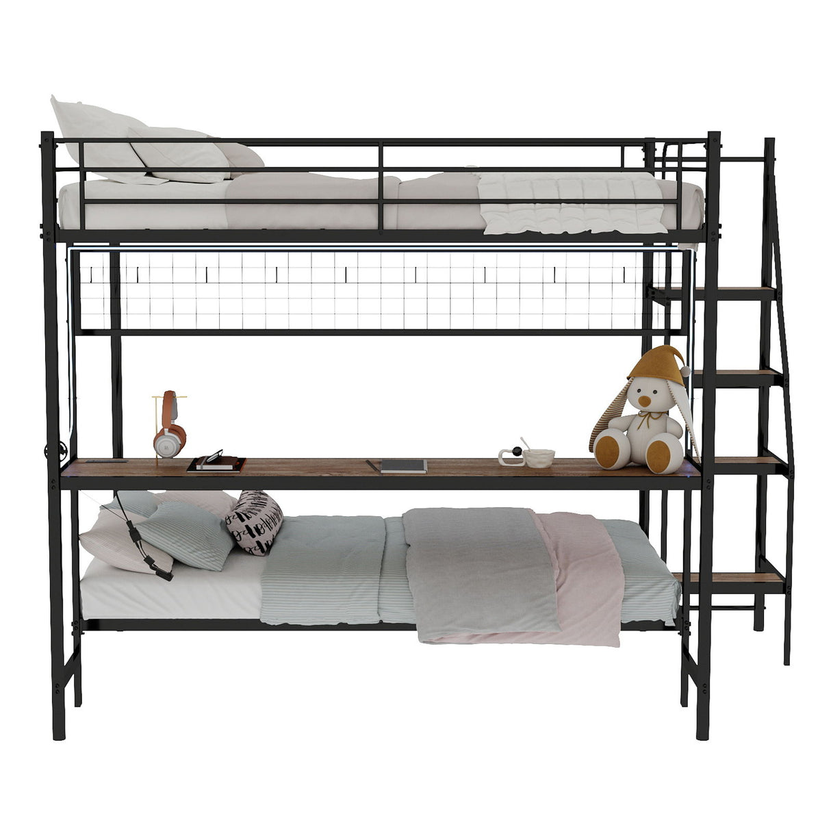 Bunk Bed With Built In Desk And LED Lighting
