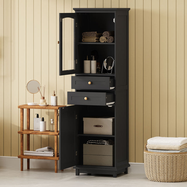 Tall Bathroom Storage Cabinet With Glass Doors, Free-Standing, Two Drawers, And Adjustable Shelves, MDF Board, Painted Perfect For Displaying Your Favorite Items - Linen Cabinets - Alpine Outlets