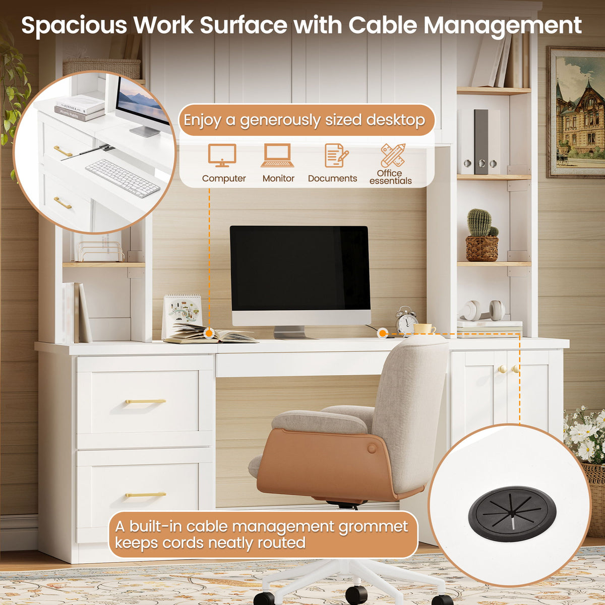 Computer Desk With Hutch, Workstation With Desk Grommet & Keyboard Tray