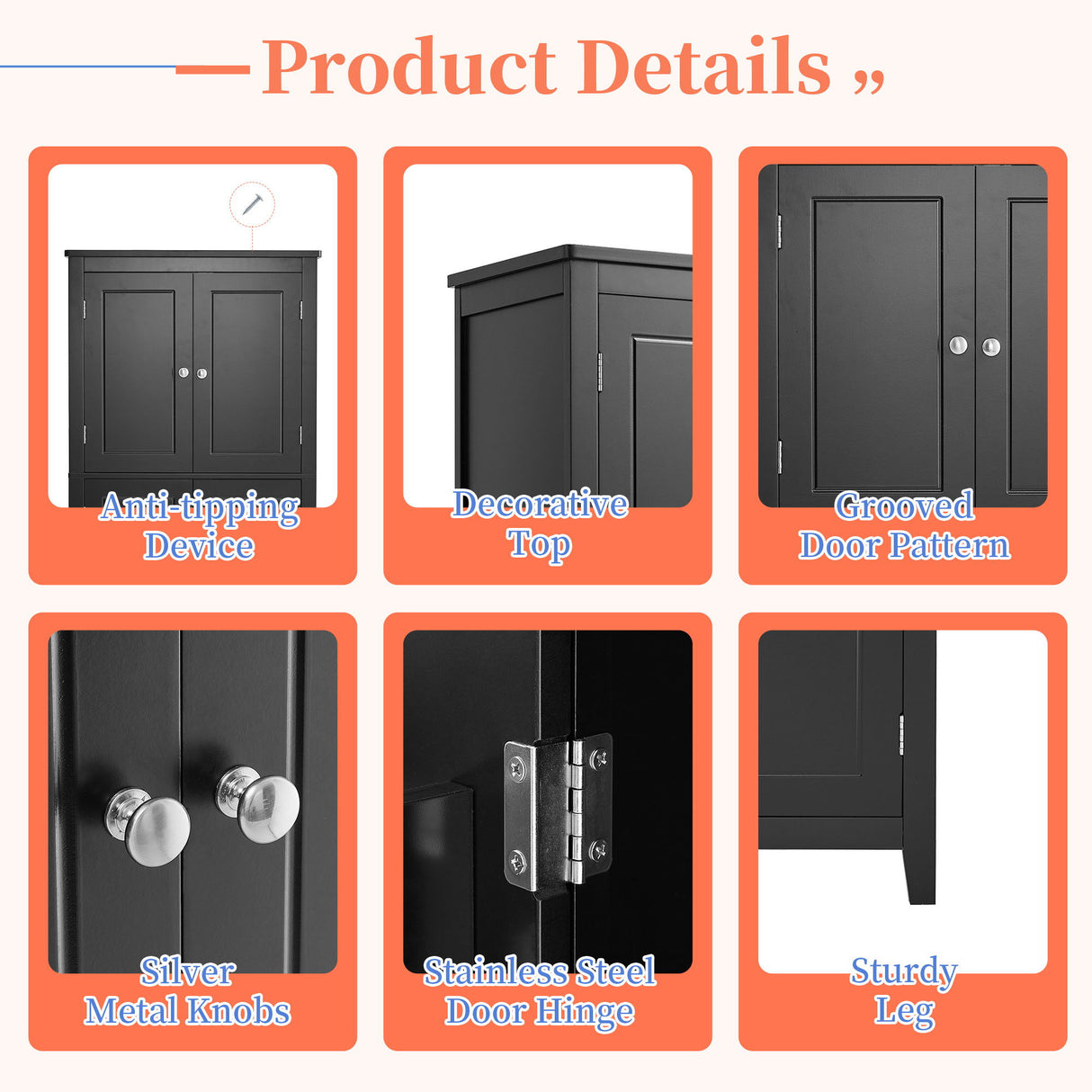 Elegant Bathroom Floor Storage Cabinet With 4 Doors, Adjustable Shelves