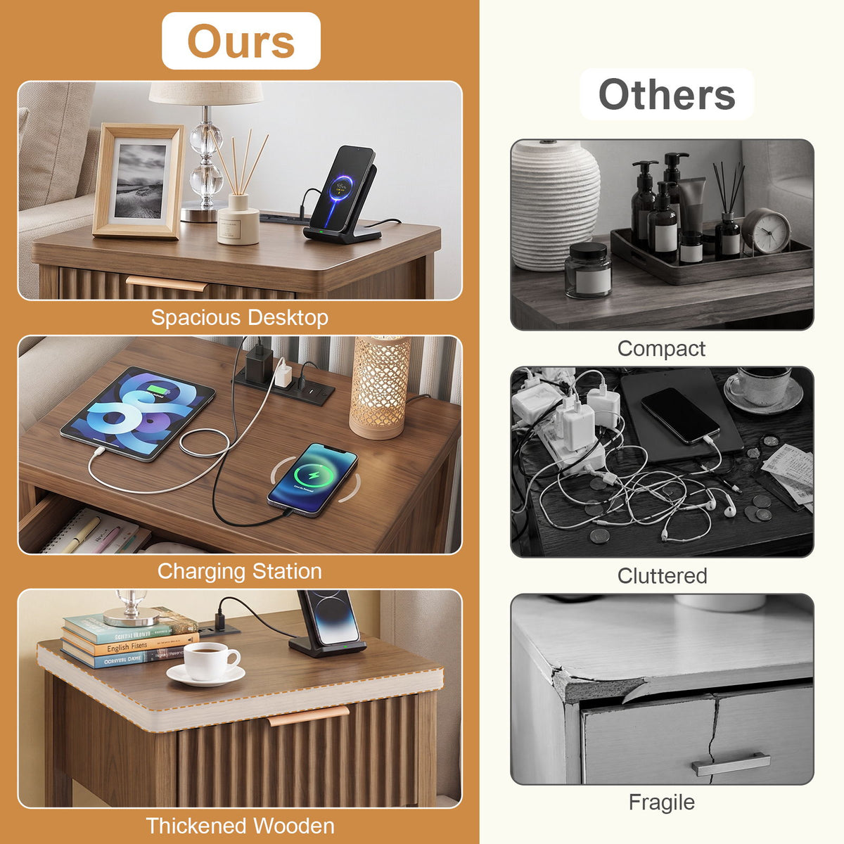 Nightstand, Bedside Table With Built In Charging Station (Set of 2) - Walnut