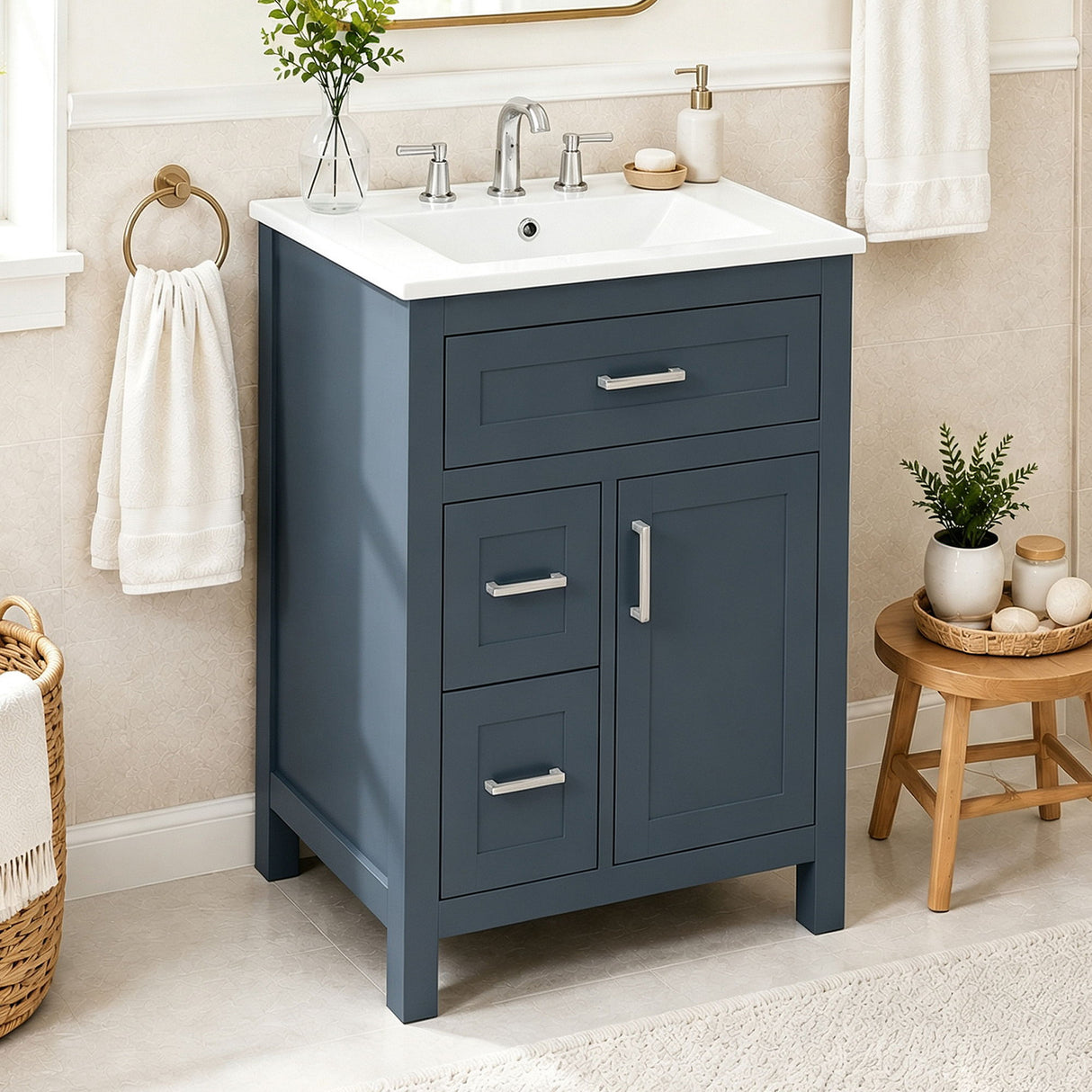 Modern Bathroom Vanity With Sink, Flip Drawer & 2 Drawers, Soft Close Hinges, Adjustable Shelf