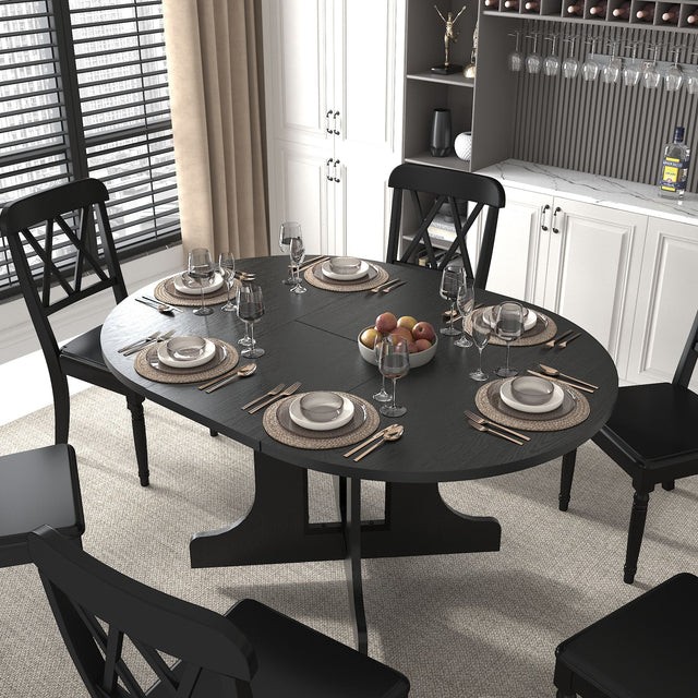 Dining Table For Farmhouse Kitchen Expandable Oval Table Top With Removable Leaf Trestle X Shaped Base - Black - Dining Tables - Alpine Outlets