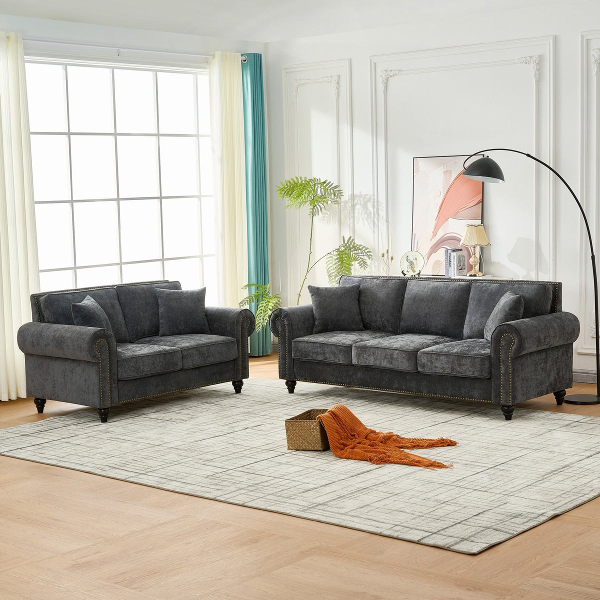Modern 3 And 2 Seater Sofa With Rolled Arms, Tufted Upholstered Couch